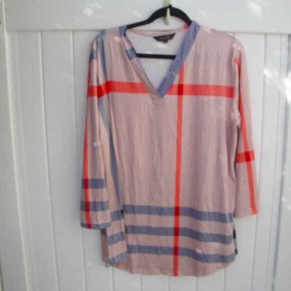 Amaryllis Women Plaid Size Small Peach Gray Orange V Neck Roll-Sleeves - Picture 2 of 3